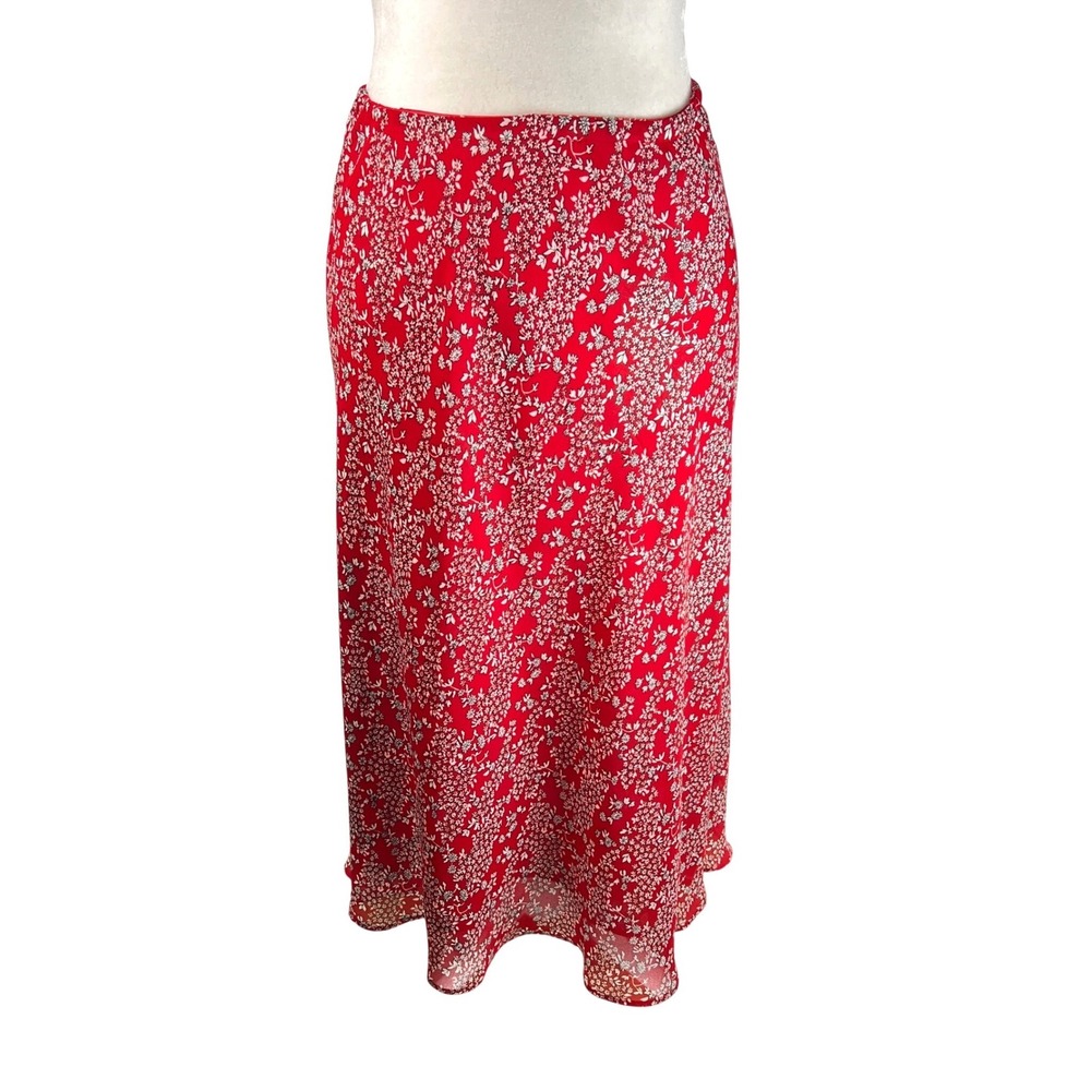 Red Floral Midi Skirt Chiffon Reversible Lettuce Hem Size Medium Vintage 90s